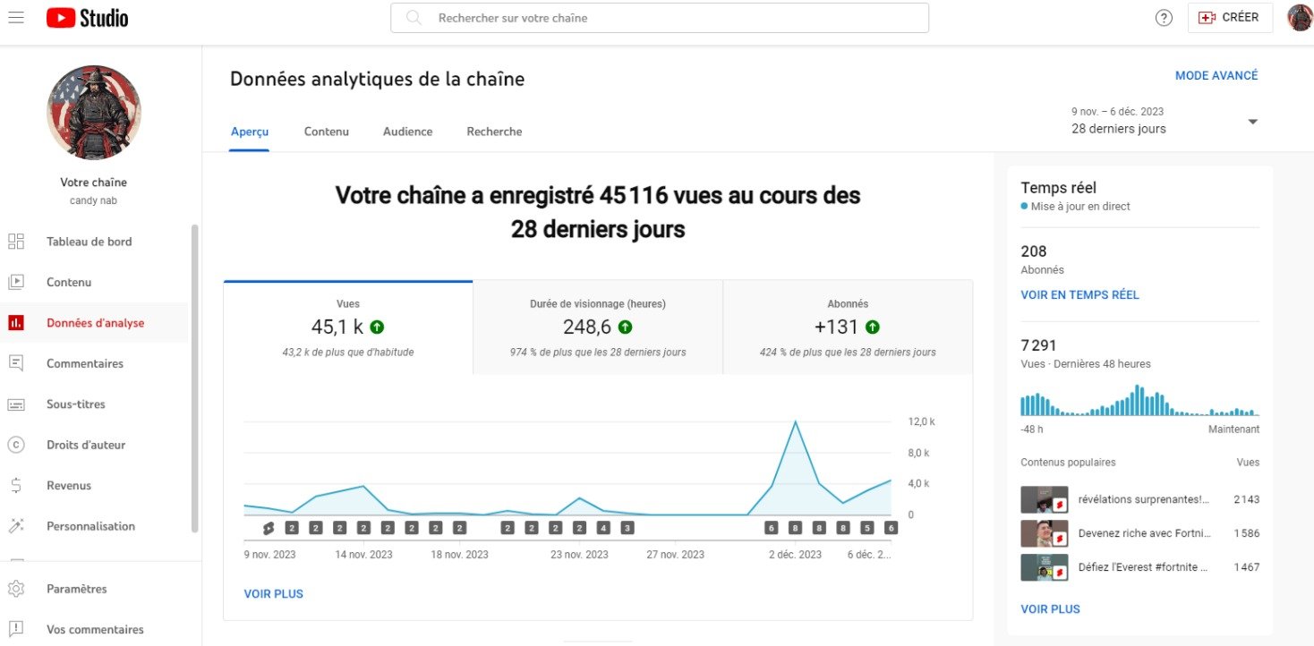 Voici les statistiques de ma chaine youtube